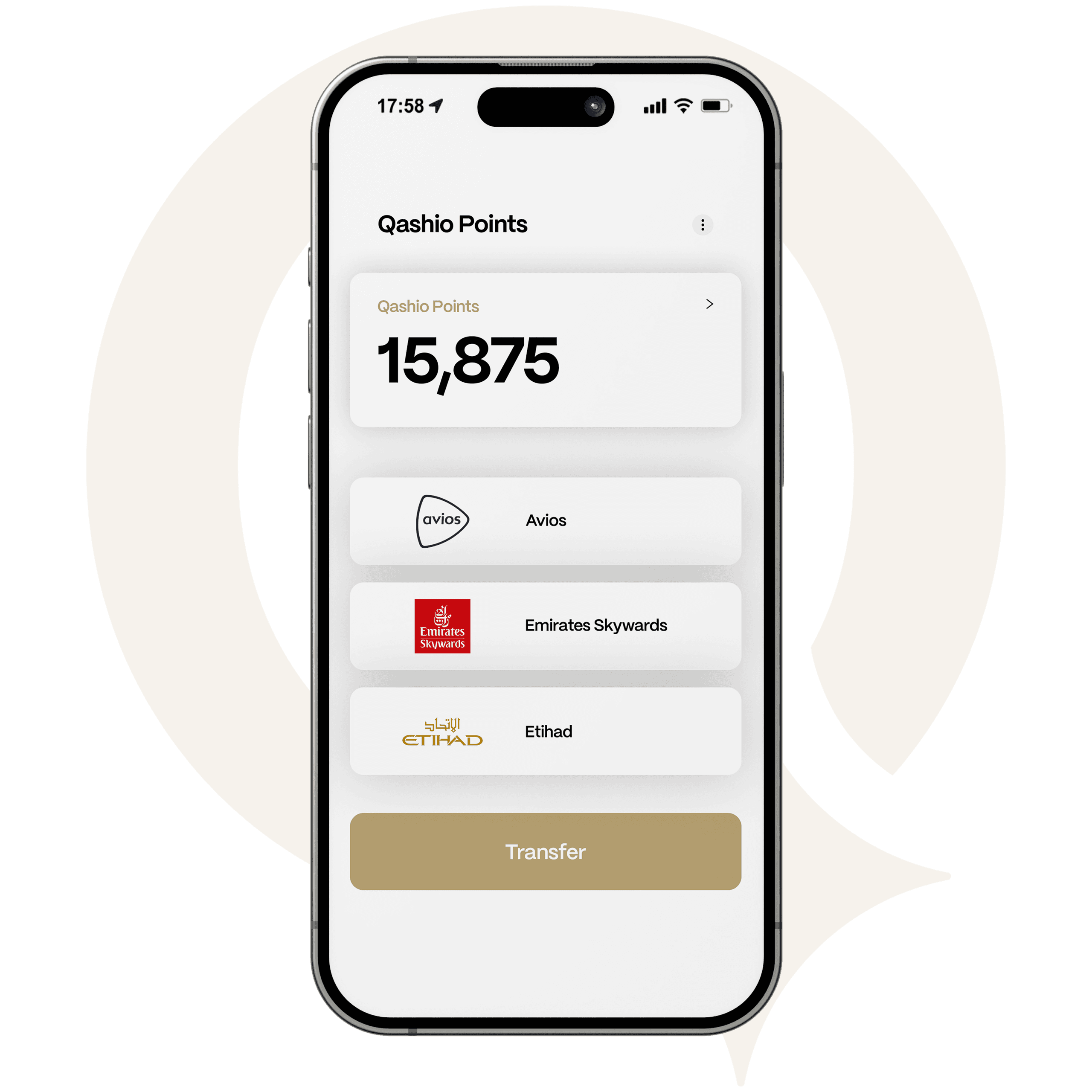 The Qashio app showing a Qashio Points balance ready to transfer to airline partners