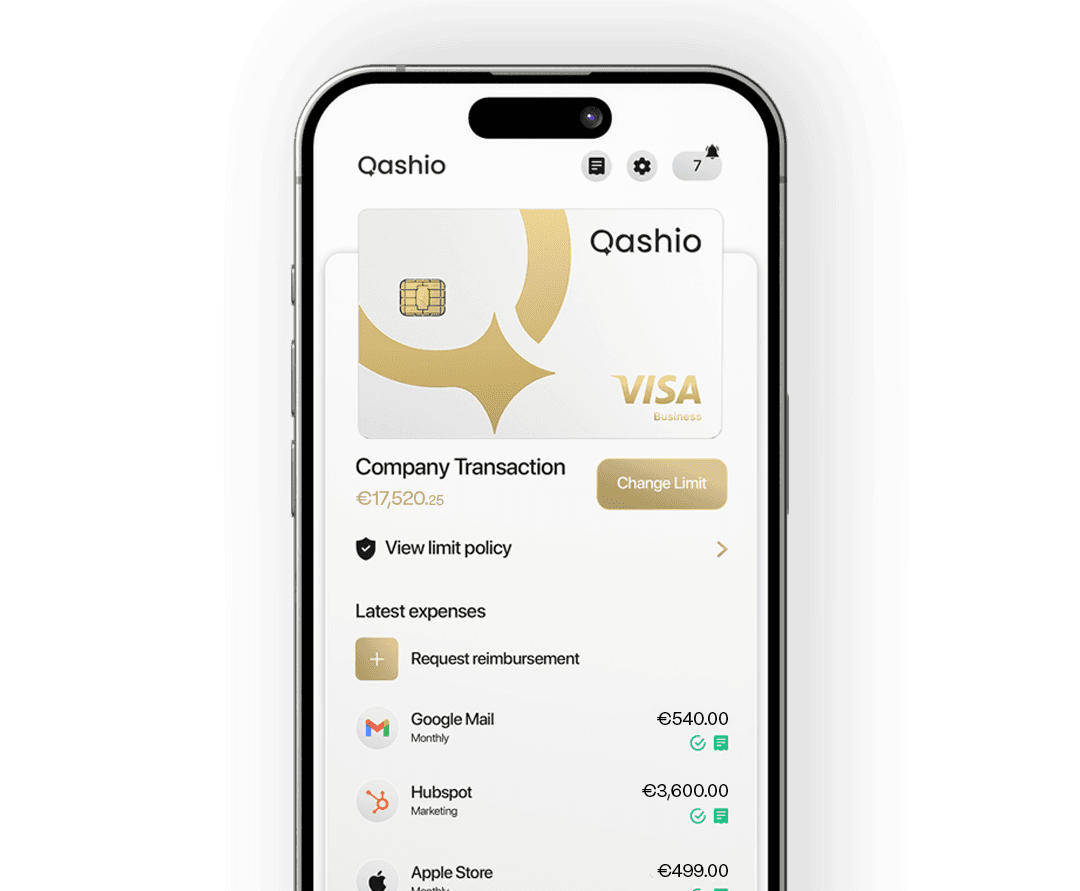 The Qashio app showing a Qashio card, the company limit and the latest expenses